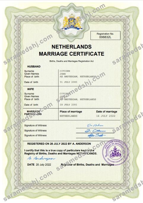 Netherlands marriage certificate Word and PDF template